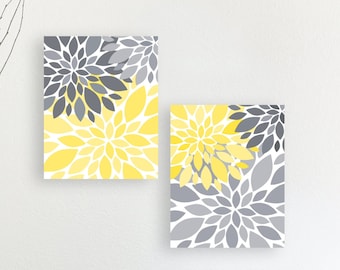 Yellow Gray Flower Petals Burst CANVAS or Print Set Home Decor or Nursery Art 8x10 24x30  Large Wall Art Abstract Art Floral