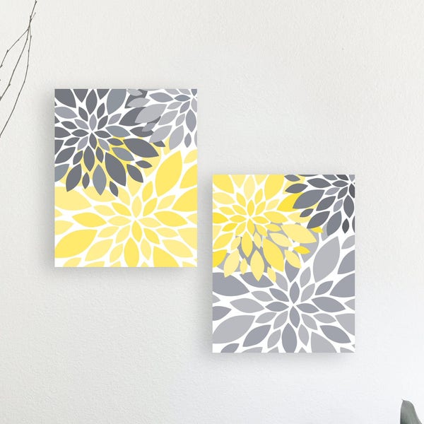 Yellow Gray Flower Petals Burst CANVAS or Print Set Home Decor or Nursery Art 8x10 24x30  Large Wall Art Abstract Art Floral