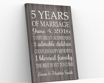 5th ANNIVERSARY GIFT for Spouse - 5 Years Personalized Wedding Anniversary Sign, Faux Wood Print, Canvas or Digital File, Farmhouse Art