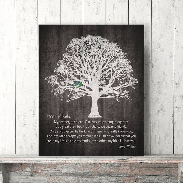 GIFT for BROTHER, Personalized Rustic Sign, From Sister or from Brother, Print or Canvas, Keepsake Poem, Wall Art with Tree Birds