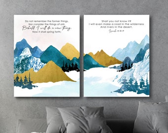 Isaiah 43:18-19, Behold I Will Do a New Thing, Bible Verse Art, Christian Scripture 2 piece Set, Mountains blue gold