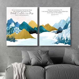 Isaiah 43:18-19, Behold I Will Do a New Thing, Bible Verse Art, Christian Scripture 2 piece Set, Mountains blue gold