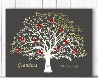 GRANDPARENTS Gift, Christmas Family Tree, Personalized with Grandchildrens Names in Tree with Birds, Print or Canvas, Customized