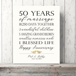 50th GOLDEN ANNIVERSARY Gift for Parents, 50 Years Wedding Anniversary  Personalized  Sign Art Print or Canvas Faux Gold Love Birds