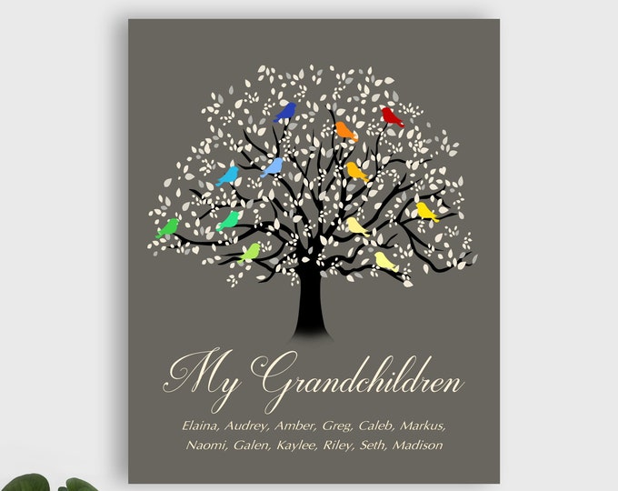 Grandchildren Tree, Family Tree Canvas Print with Grandkids Names, Family Tree Wall Art, Gift for Grandma, Tree with Birds CUSTOMIZED