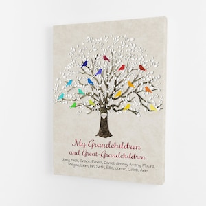 Grandparents Gift, Grandchildren & Great-Grandchildren, Tree of Life, Personalized Family Gift, Large Sign with Birds and Names, Custom Art