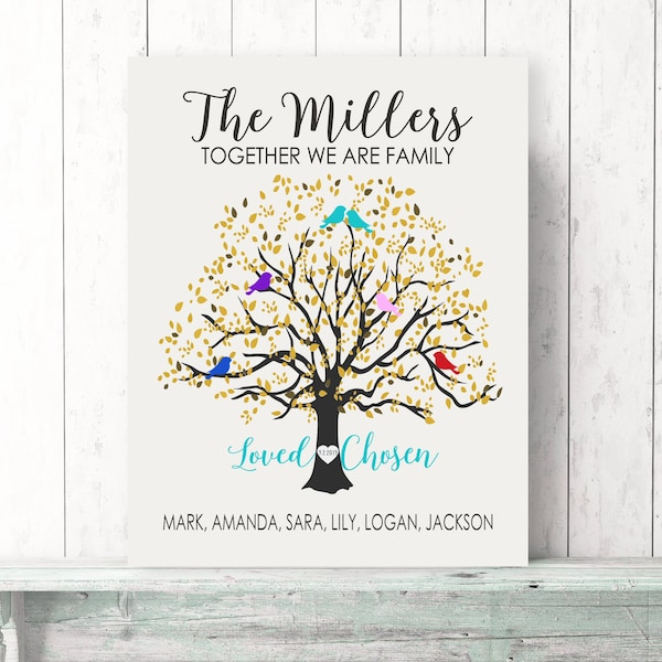 ADOPTION Gift, Family Tree Art Personalized Names Adopt Date, Quote Together We Are Family or Custom Canvas or Print, Loved Chosen
