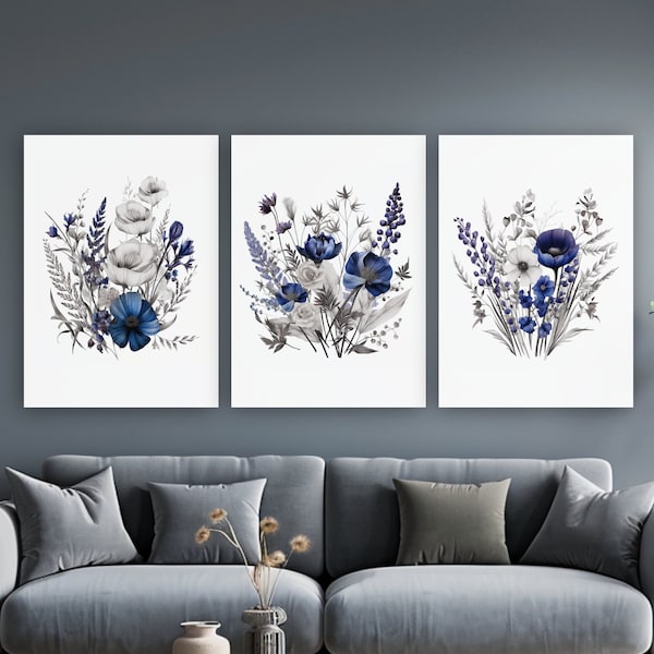 Dried Flowers Prints Navy Blue Gray Set of 3, Wall Art Bathroom, Bedroom Art, Large Wall Art Floral Aesthetic Canvas Poster