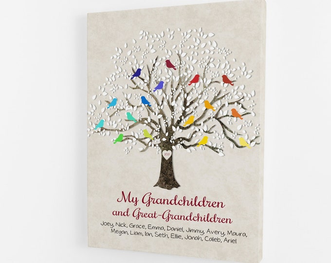 Grandparents Gift, Grandchildren & Great-Grandchildren, Tree of Life, Personalized Family Gift, Large Sign with Birds and Names, Custom Art