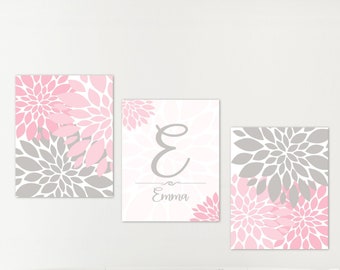 Nursery Wall Art Set 3 INITIALS - Girls Room - Pink Gray or Custom - Personalized Floral Artwork with Name - Prints or Gallery Canvas