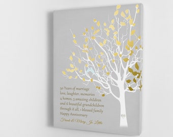 50th Anniversary Gifts for Parents, Golden Anniversary, Personalized 50 Year Wedding Anniversary, Family Tree, Print or Canvas