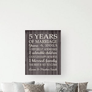 5 Years Anniversary Gift PRINT or CANVAS Personalized 5th Anniversary Faux Wood or Custom Colors Wedding Anniversary image 5