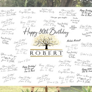 Birthday Guest Book Alternative Canvas 80th Personalized  Name Gold Tree Design Happy Birthday Signed by guests, Birthday Gift For Him Party
