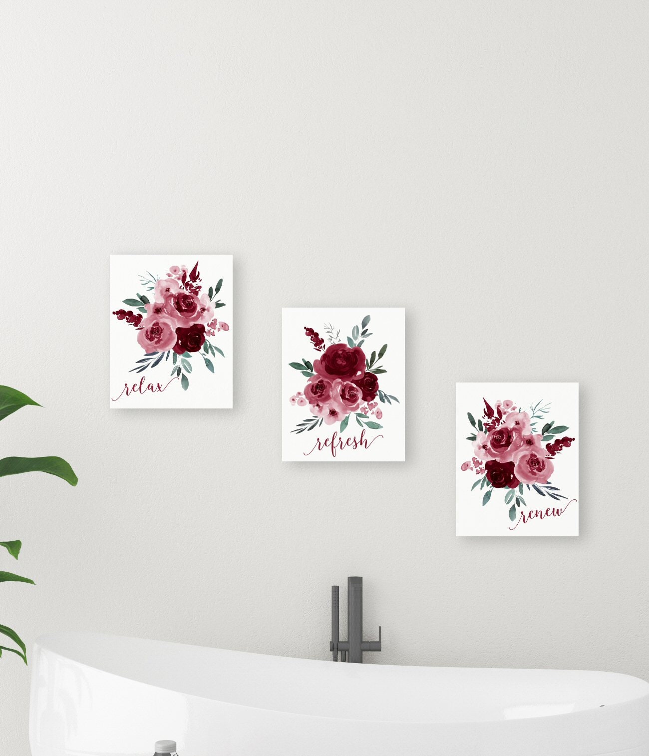 Red Pink Roses BATHROOM WALL ART Set Relax Refresh Renew Etsy