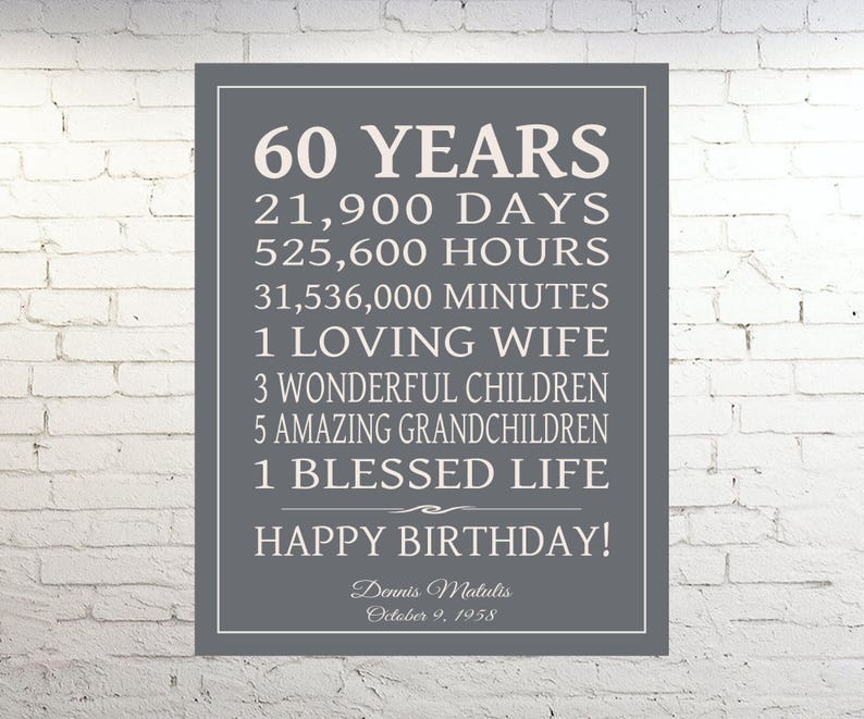 60th BIRTHDAY GIFT SIGN Canvas Print or Digital file Etsy