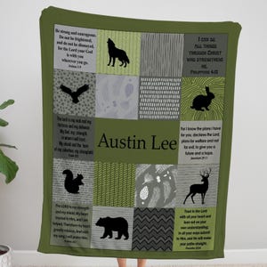 Manta con versículos bíblicos y nombre: Animales del bosque, color verde bosque, regalo para bebé niño, versículos bíblicos, manta de retazos para bautizo, regalo cristiano.