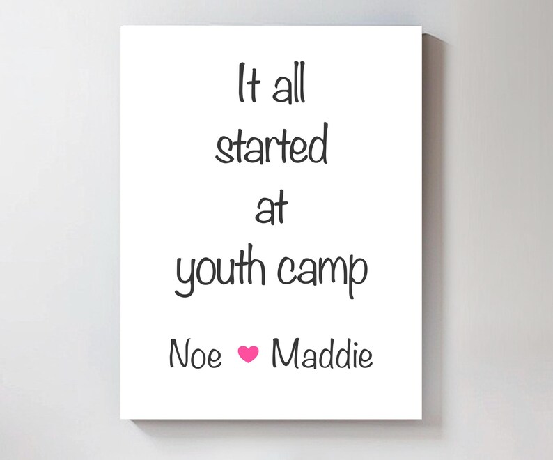 a text that reads "It all started at youth camp" and includes the names "Noe" and "Maddie".