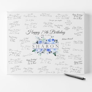 Alternativa de livro de visitas de 75 anos, pôster ou tela, personalizado com nome, design floral assinado pelos convidados, presente de aniversário de 75 anos