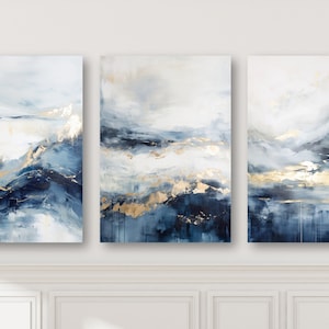 Navy Blue Gold and Gray Art 3 Piece Set, Coastal Ocean Abstract , Large Wall Art Prints or Canvas