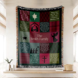 Woven Tapestry Blanket, Personalized Christmas Throw with Bible Verses, Family Name, Patchwork Sherpa Fleece, Scriptures Religious Gift