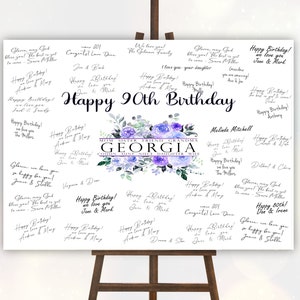 Livro de Visitas de Aniversário Tela Alternativa Personalizada com Nome 90º Aniversário Design Floral Assinado pelos convidados, Livro de Visitas de 90 Anos