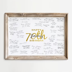 May include: A framed print with a white background and a wooden frame. The text "Happy 70th Birthday Jimmy" is in gold and black. The print is filled with handwritten signatures and well wishes.
