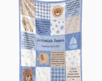 Personalized Scripture Blanket, Christian Gift, Woodland Animals Baby Boy Gift, Bible Verses, Baptism Gift with Name Patchwork Blanket
