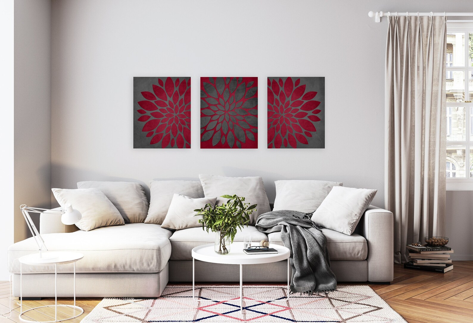 RED GRAY Wall Art Set Floral Botanical Bedroom Family Etsy