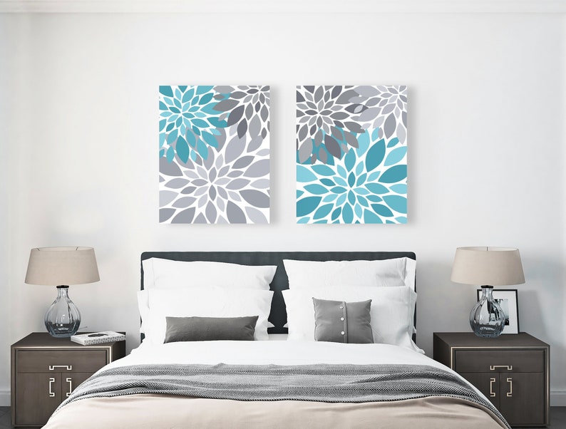 CANVAS ART or PRINTS Turquoise & Gray Flower Burst Wall Art Etsy