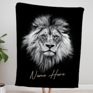 Lion Fleece Blanket, Throw Blanket Personalized Name, Black White King of the Jungle