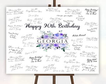 Op de afbeelding: Een wit bord met de tekst "Happy 90th Birthday" en bloemmotieven. Het bord bevat de naam "Georgia" en goede wensen van familie en vrienden. Het wordt tentoongesteld op een houten ezel.