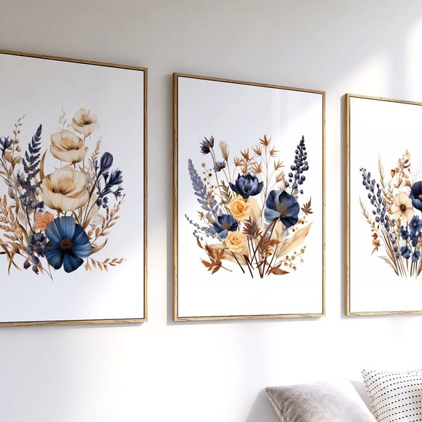 Dried Flowers Prints Navy Blue Set of 3, Brown Fall Colors Wall Art Bathroom, Bedroom Art, Large Wall Art Floral Aesthetic Canvas Poster