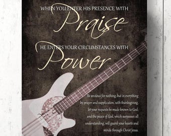 Regalo para bajista o líder de alabanza, lámina artística de guitarra, versículo bíblico Filipenses 4:6-7, regalo cristiano de alabanza para músico, letrero con versículo bíblico