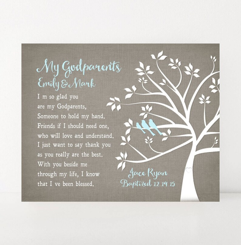 Godparents Gift From Godchild Personalized God parent Baptism Christening Tree Art Print or Canvas GODPARENT Poem image 1