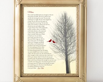 Gift for Mom Poem for Mother from Son or from Daughter Cardinal Bird Gift Art Print / Canvas to Mom Custom Poem Christmas Gift