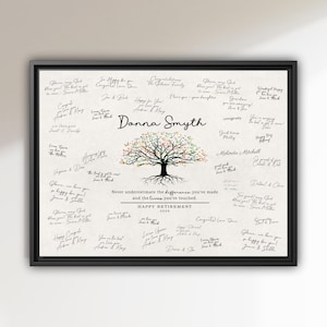 May include: A framed retirement print with a tree design and colourful leaves. The name "Donna Smyth" is centered above the tree, surrounded by handwritten messages and signatures. The words "Happy Retirement 2026" are also included.