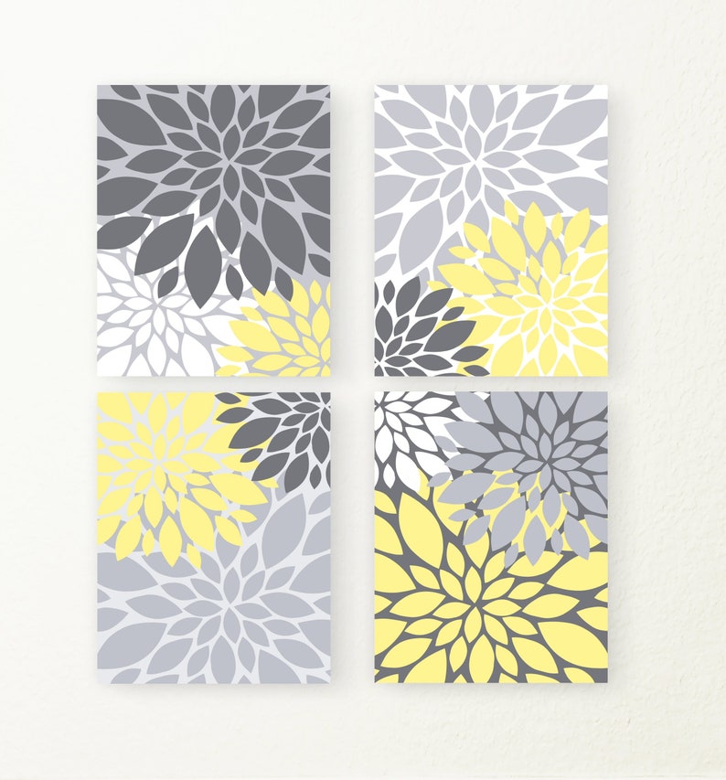 Yellow and Gray Wall Art Set 4 Flowers Print or Canvas Etsy