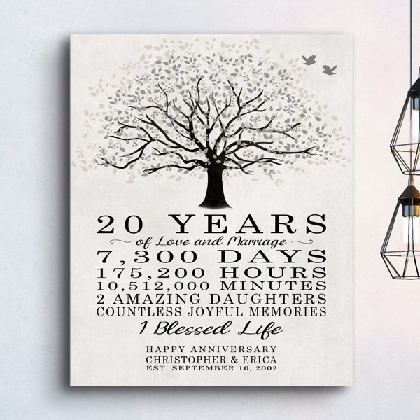 20th Anniversary Keepsake Gift for Spouse, Husband Wife 20 Years of Marriage Personalized Sign Tree Love Birds Blessed Life Print / Canvas