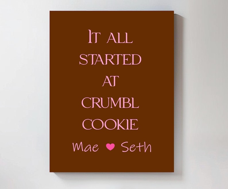 a brown poster with the text "It all started at Crumble Cookie" written in pink.