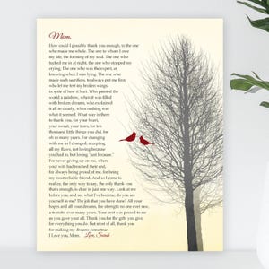 Gift for Mom Poem, Mothers Day, Mom From Daughter Personalized Print Canvas for Mother from Son Cardinal Birds Tree Sentimental Poem