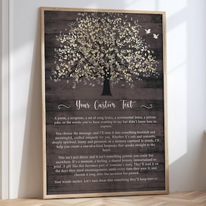 May include: A rectangular wall art print featuring a dark brown wood plank background with a large central tree illustration. The tree has gold and white leaves and two white birds. The text reads Your Custom Text followed by descriptive paragraphs.