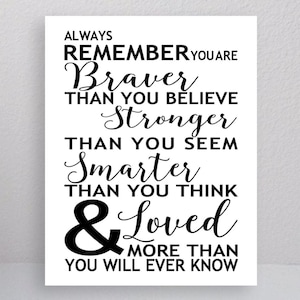 Always Remember You Are Braver, Nursery Wall Decor, Inspirational Quote, Gallery Canvas or Poster Print Typography Winnie the Pooh CUSTOM