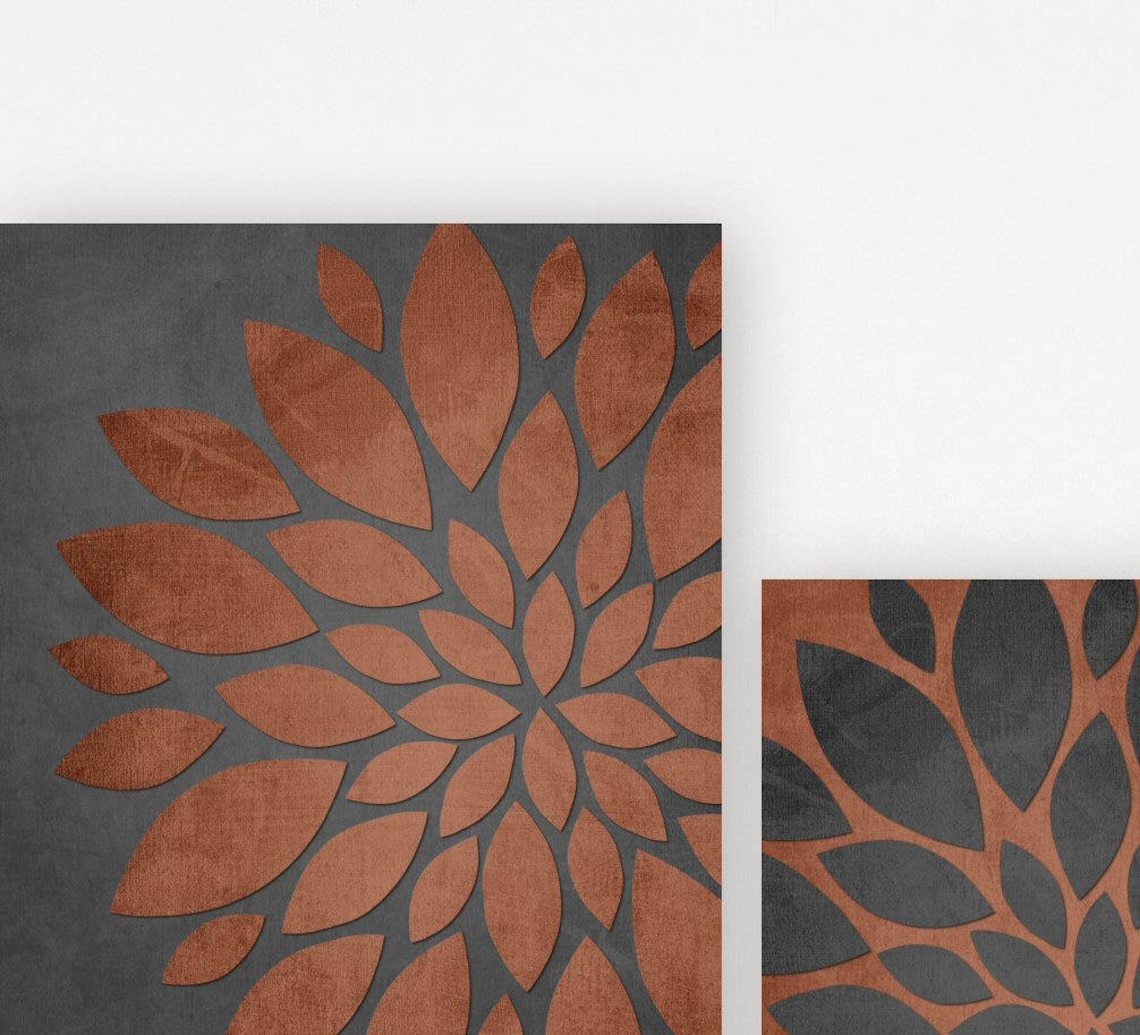 Rust and Grey Art Flower Prints or Canvas Living Room Art | Etsy