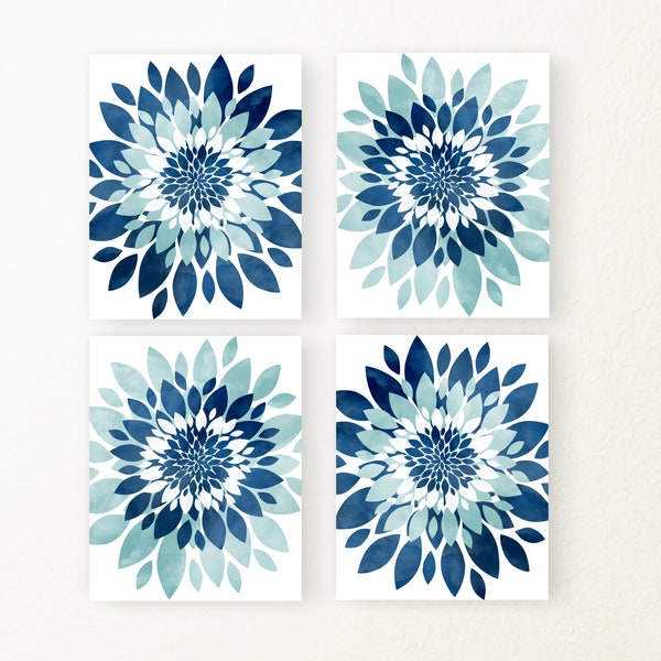 Navy Blue, Turquoise Flower Wall Art - Set of 4,  Bathroom, Bedroom Decor, Botanical Florals, Prints or Canvas Large Artwork