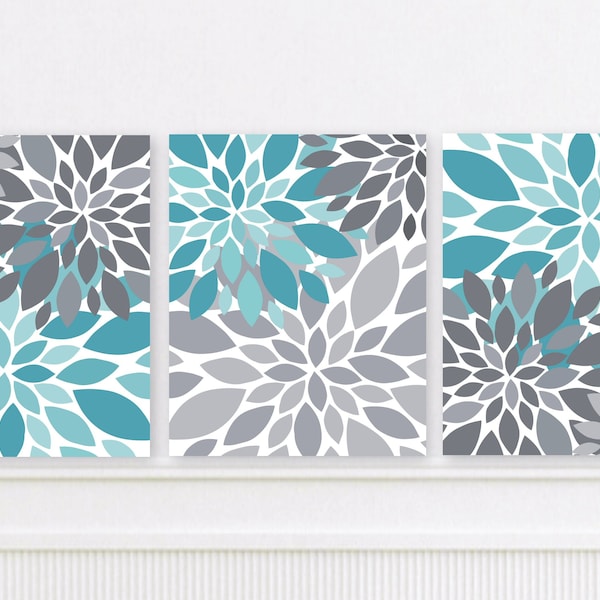 Turquoise Gray Flower Wall Decor Set, Bathroom Art,  Prints OR Canvas, Bedroom Wall Decor, Bathroom artwork, custom sizes