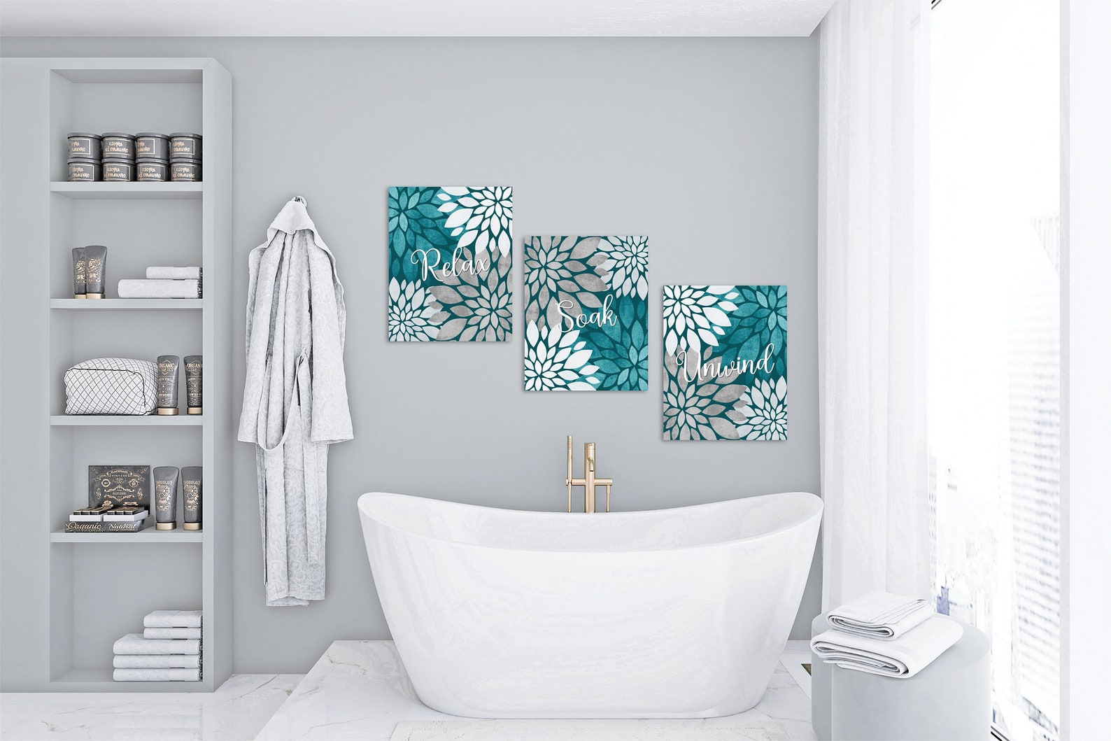BATHROOM TEAL Wall Art 3 Piece Set Turquoise Gray Relax Soak Etsy