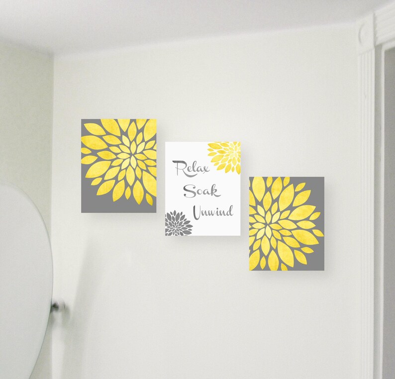 Bathroom Wall Art Relax Soak Unwind Decor Prints Home Set Yellow Gray Flower Burst Of 3 Botanical Print - Yellow And Gray Wall Decor For Bathroom Bathroom Wall Art Relax Soak Unwind Decor Prints Home Set Yellow Gray Flower Burst Of 3 Botanical Print - Yellow And Gray Wall Decor For Bathroom