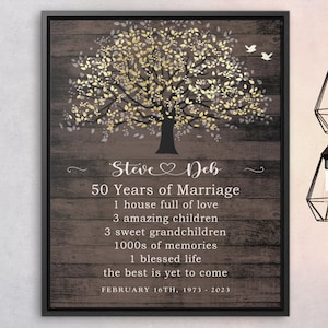 Gift for Parents Golden Anniversary,  Personalized 50th Anniversary Gift, Family Tree Canvas Print, Custom Keepsake Gift Faux Gold/Wood