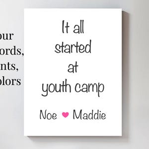 a text that reads "It all started at youth camp" and includes the names "Noe" and "Maddie".