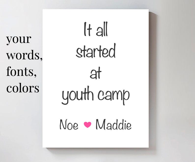 a text that reads "It all started at youth camp" and includes the names "Noe" and "Maddie".